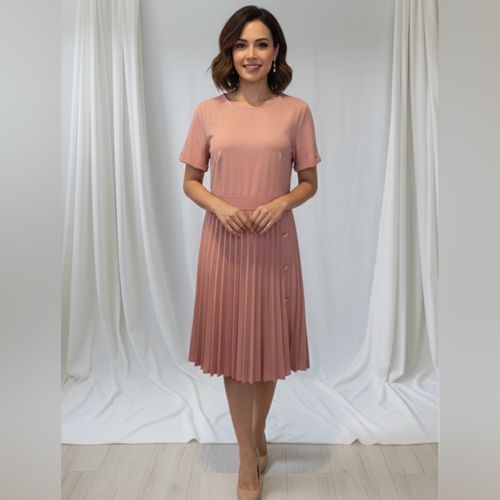 CHICCLOTH Pleated Dress with Button and Side Zip Detail